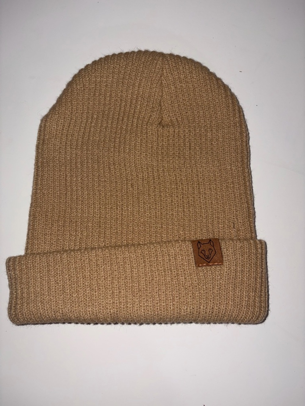 Neutral Tan Ribbed Knit Beanie with Leather Fox Patch